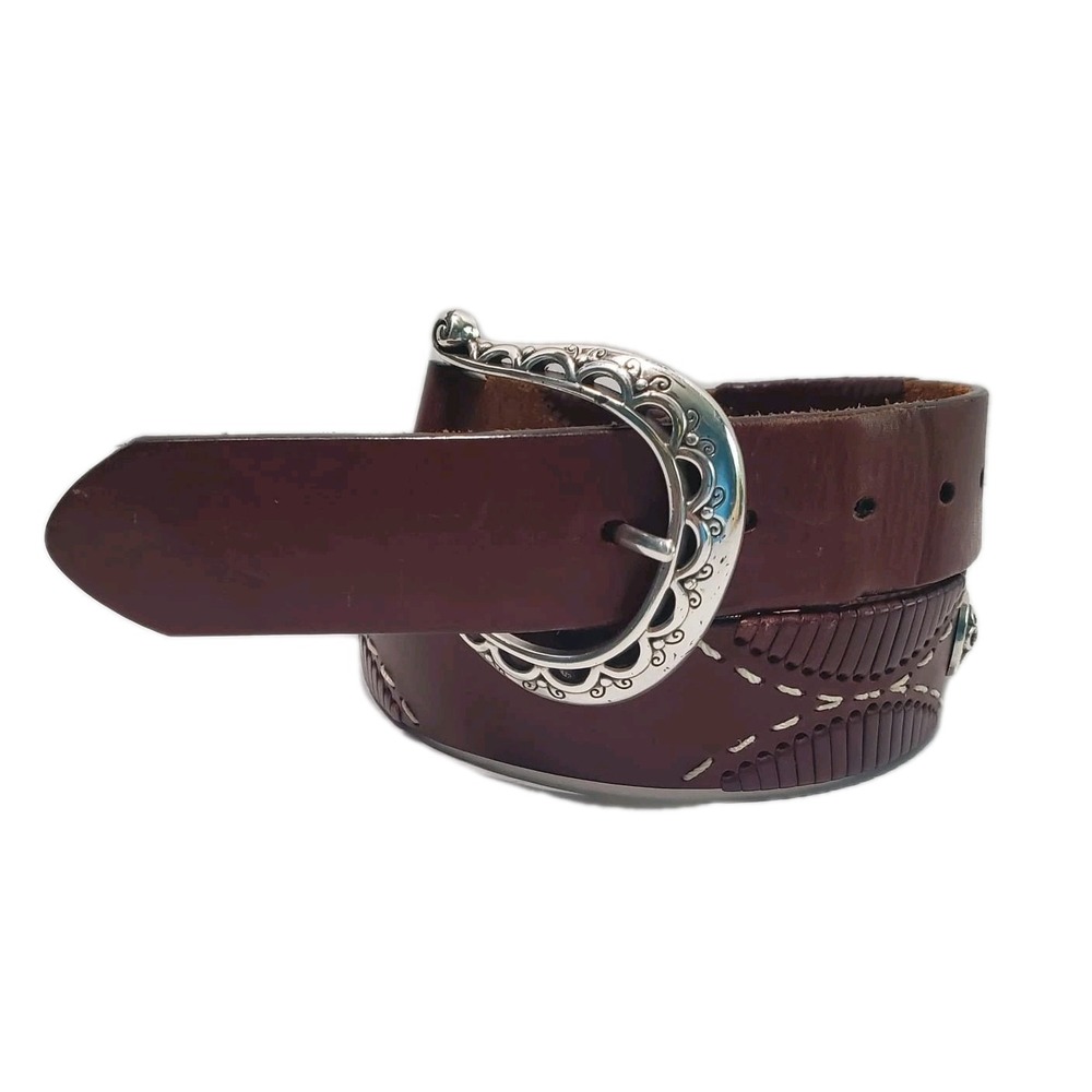 Brighton Ladies Brown Leather Western Belt Hand Stitched Flower Conchos Size 34